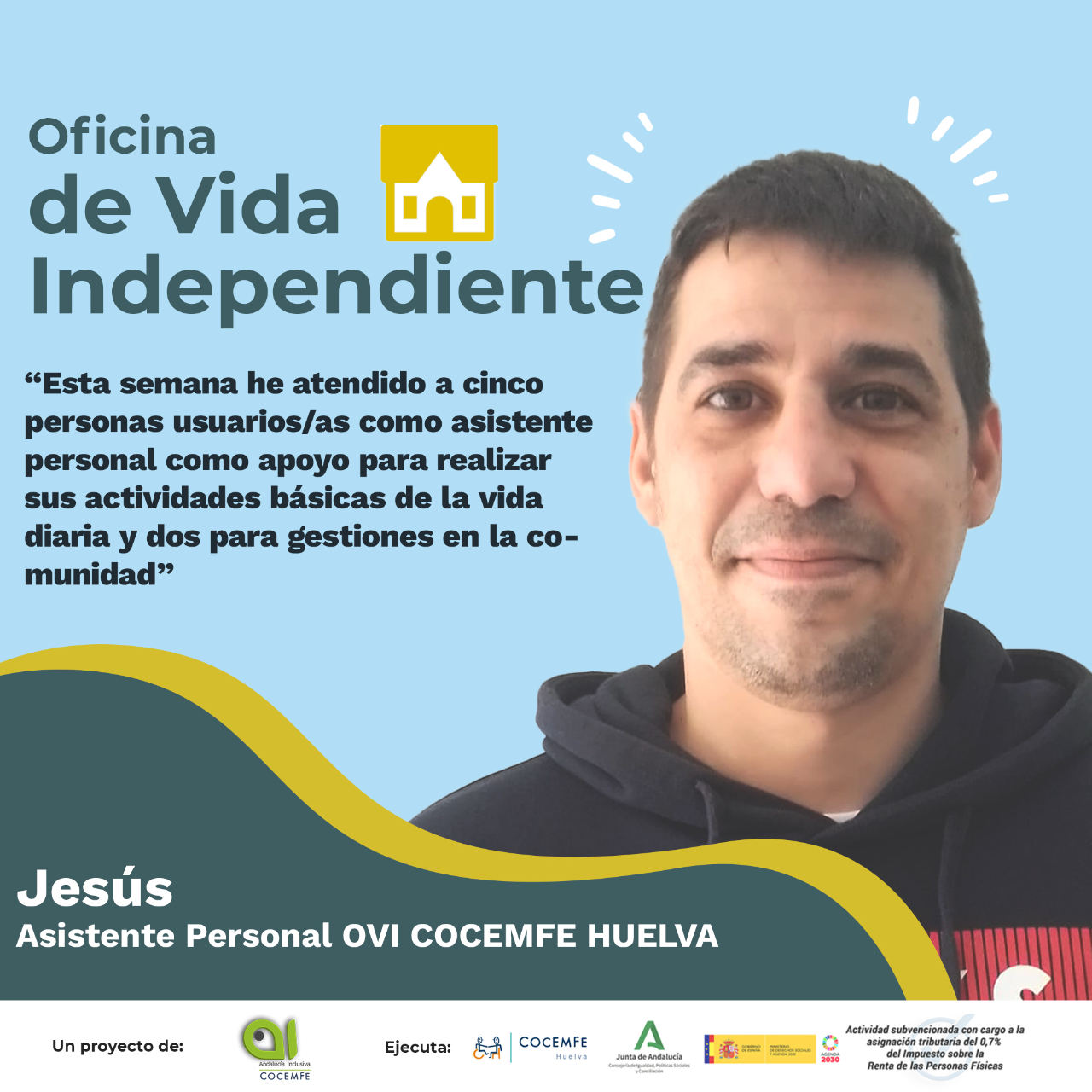 Jesús es asistente personal en Cocemfe Huelva dentro de nuestro proyecto de Oficina de Vida Independiente