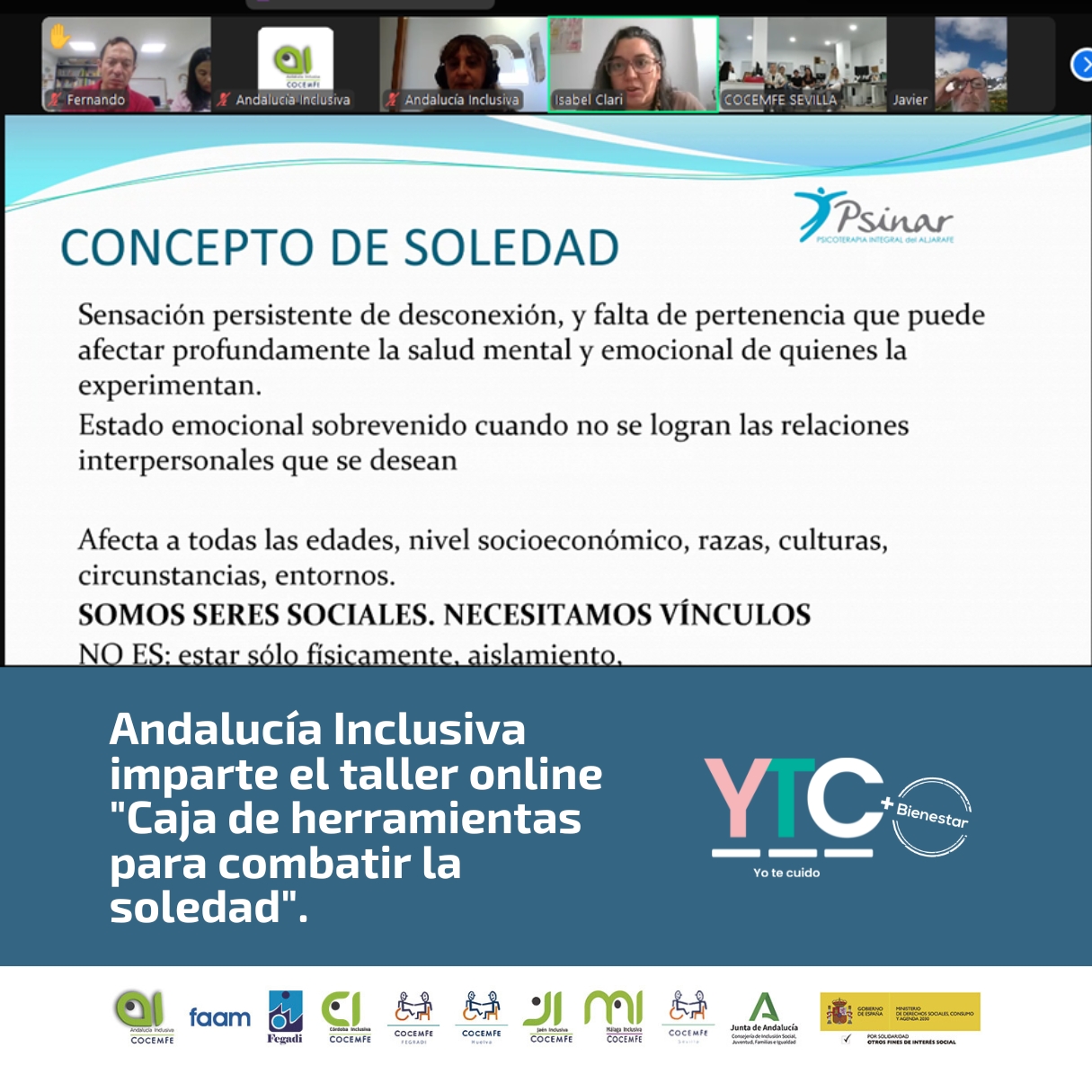 Andalucía Inclusiva imparte el taller online "Caja de herramientas para combatir la soledad".